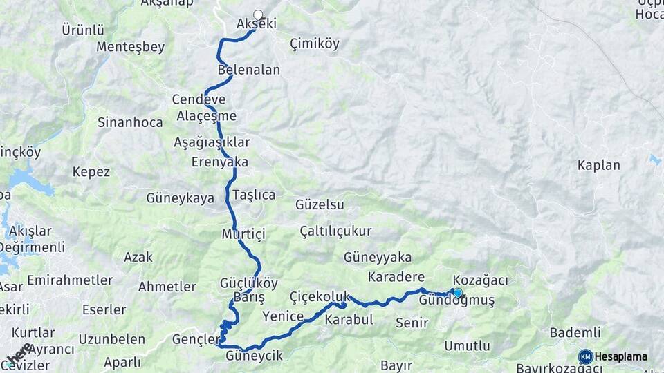 Antalya Gündoğmuş Akseki Arası Kaç Km - Yol Haritası