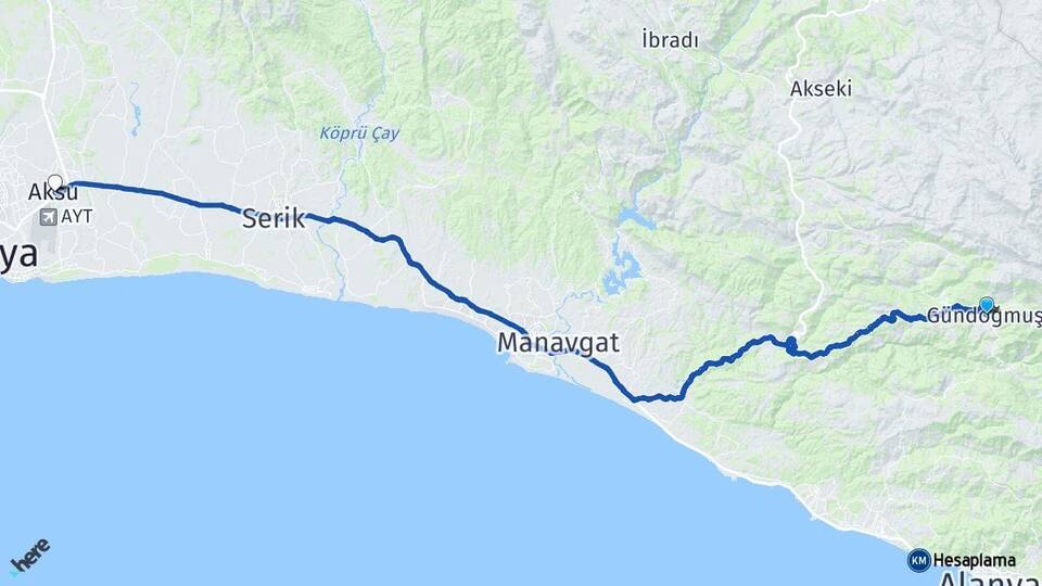Antalya Gündoğmuş Aksu Arası Kaç Km - Yol Haritası