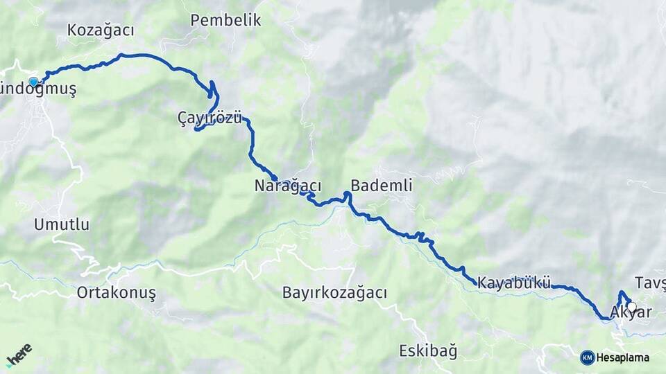 Antalya Gündoğmuş Akyar Gündoğmuş Arası Kaç Km - Yol Haritası
