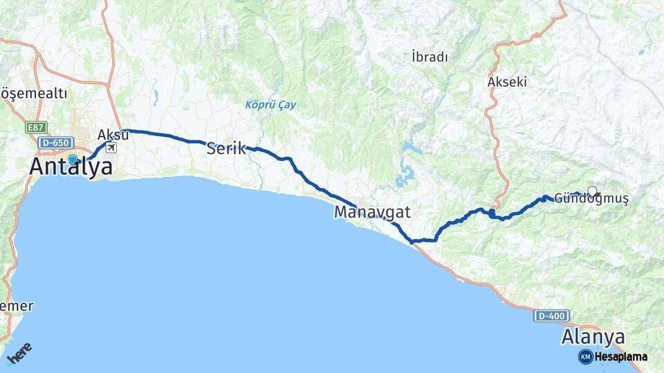 Antalya Gündoğmuş Arası Kaç Km - Yol Haritası
