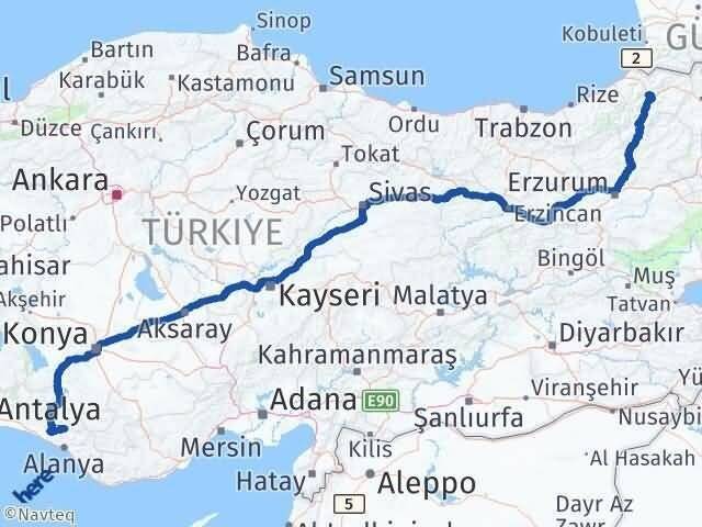 Antalya Gündoğmuş Artvin Arası Kaç Km - Yol Haritası