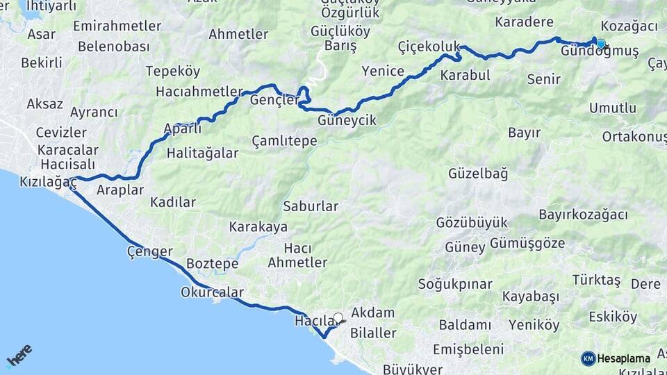 Antalya Gündoğmuş Avsallar Alanya Arası Kaç Km - Yol Haritası