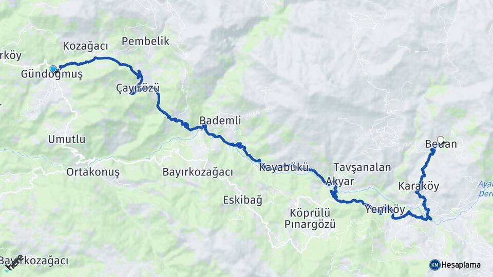 Antalya Gündoğmuş Bedan Gündoğmuş Arası Kaç Km - Yol Haritası