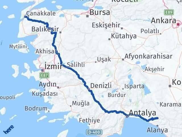 Antalya Gündoğmuş Çanakkale Arası Kaç Km - Yol Haritası