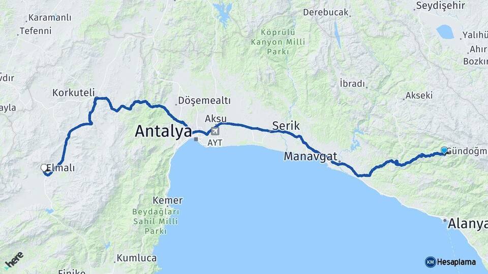 Antalya Gündoğmuş Elmalı Arası Kaç Km - Yol Haritası