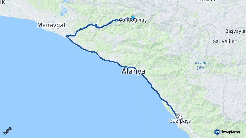 Antalya Gündoğmuş Gazipaşa Arası Kaç Km - Yol Haritası