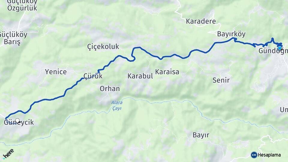 Antalya Gündoğmuş Güneycik Gündoğmuş Arası Kaç Km - Yol Haritası
