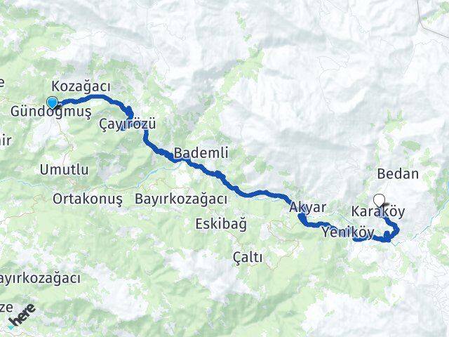 Antalya Gündoğmuş Karaköy Gündoğmuş Arası Kaç Km - Yol Haritası