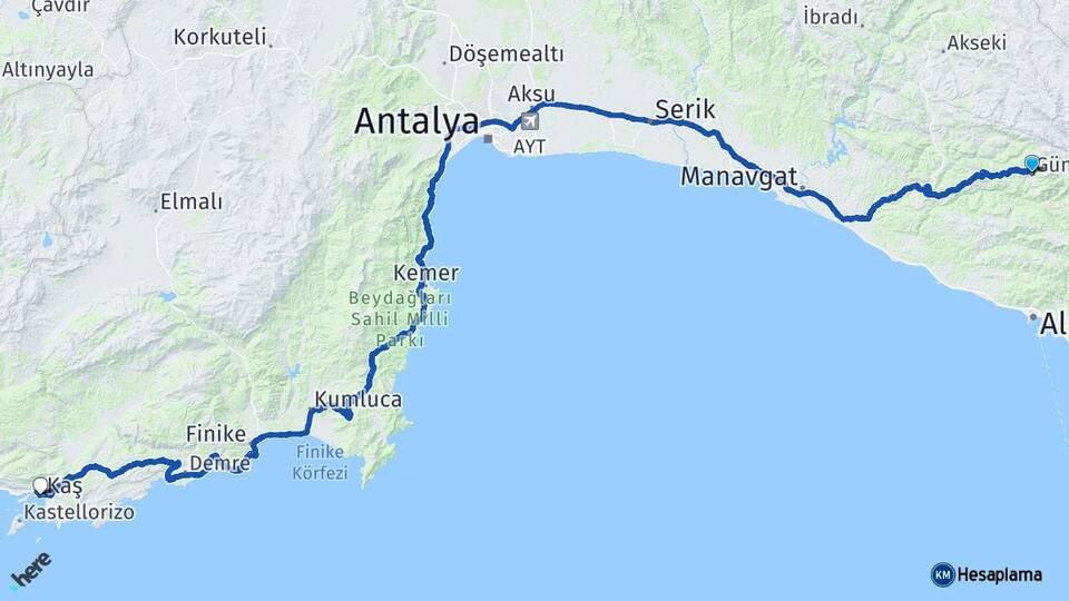 Antalya Gündoğmuş Kaş Arası Kaç Km - Yol Haritası