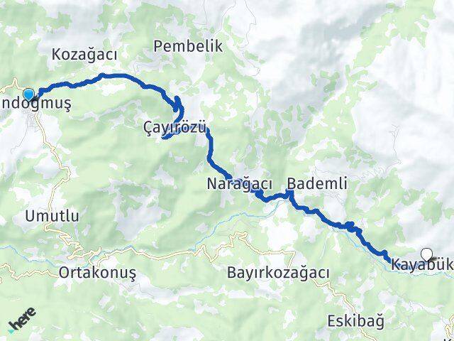 Antalya Gündoğmuş Kayabükü Gündoğmuş Arası Kaç Km - Yol Haritası