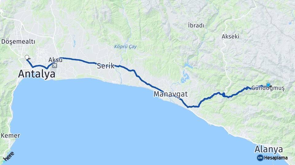 Antalya Gündoğmuş Kepez Arası Kaç Km - Yol Haritası