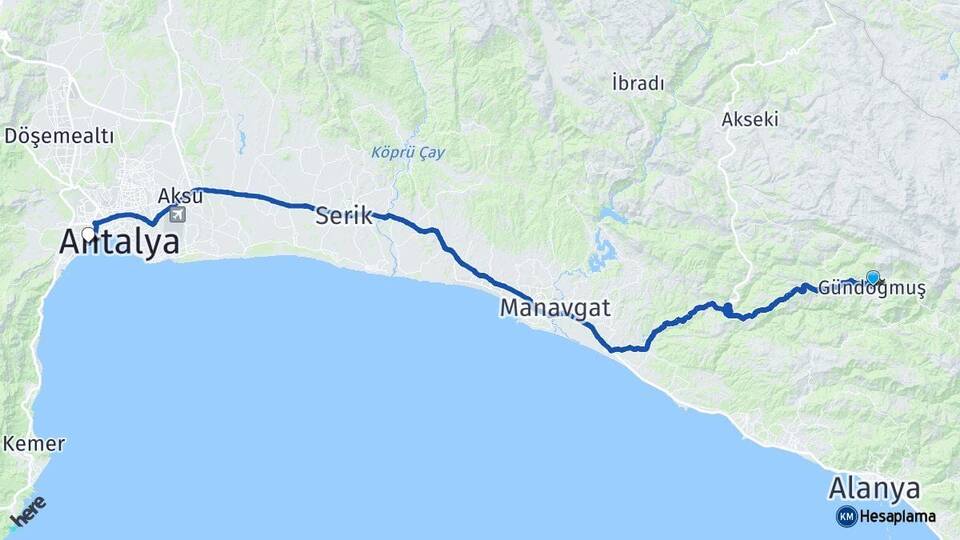 Antalya Gündoğmuş Konyaaltı Arası Kaç Km - Yol Haritası