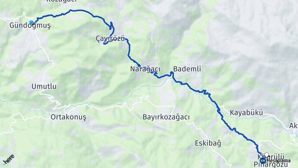 Antalya Gündoğmuş Köprülü Gündoğmuş Arası Kaç Km - Yol Haritası