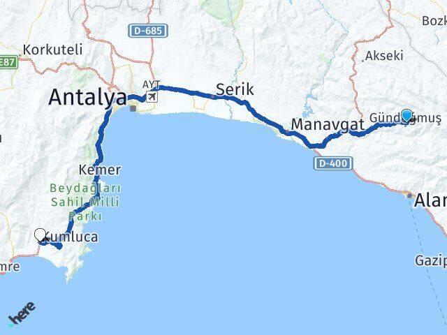 Antalya Gündoğmuş Kumluca Arası Kaç Km - Yol Haritası