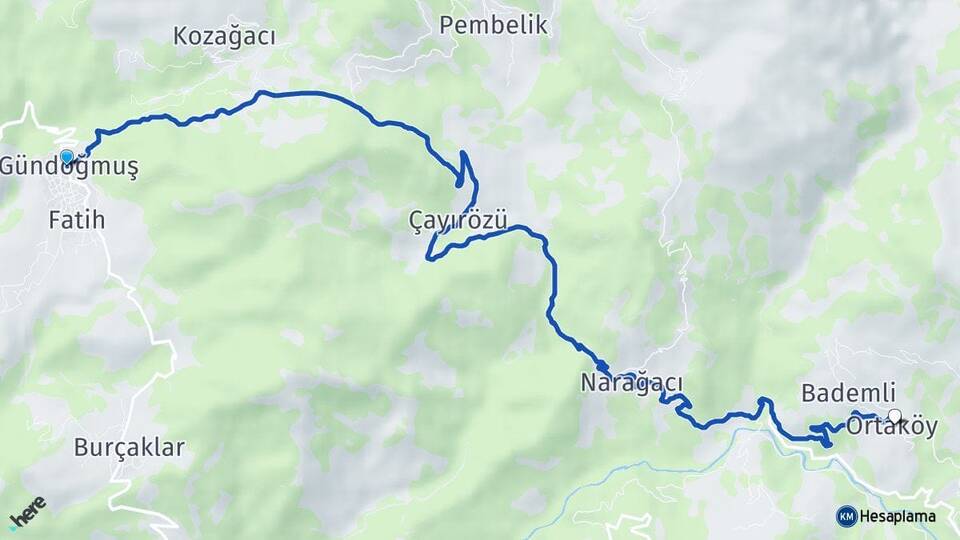 Antalya Gündoğmuş Ortaköy Gündoğmuş Arası Kaç Km - Yol Haritası