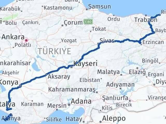 Antalya Gündoğmuş Rize Arası Kaç Km - Yol Haritası