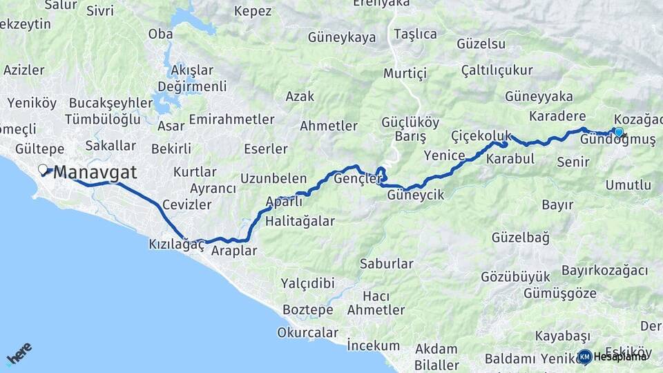 Antalya Gündoğmuş Side Manavgat Arası Kaç Km - Yol Haritası