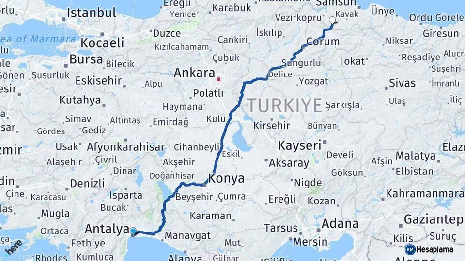 Antalya Havza Samsun Arası Kaç Km - Yol Haritası
