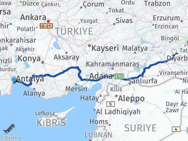 Antalya Hazro Diyarbakır Arası Kaç Km - Yol Haritası