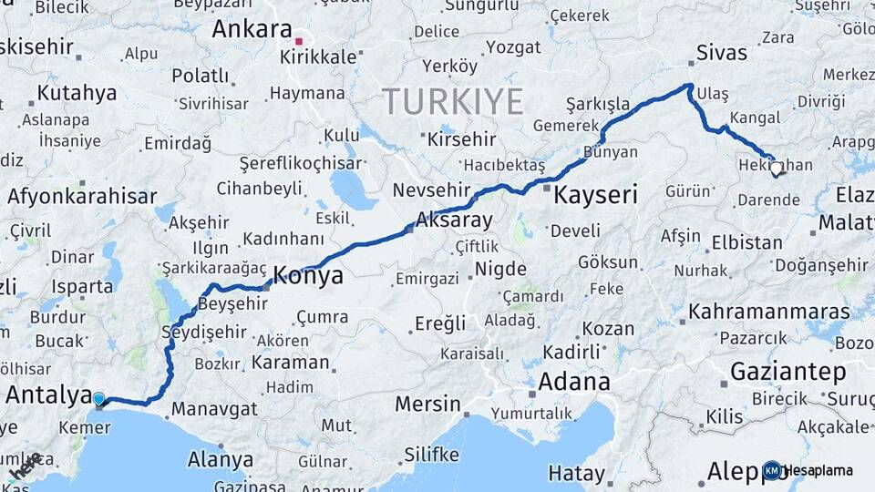 Antalya Hekimhan Malatya Arası Kaç Km - Yol Haritası