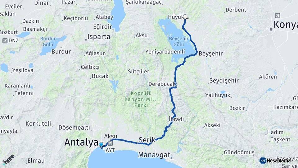 Antalya Hüyük Konya Arası Kaç Km - Yol Haritası