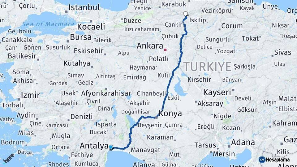 Antalya Ilgaz Çankırı Arası Kaç Km - Yol Haritası