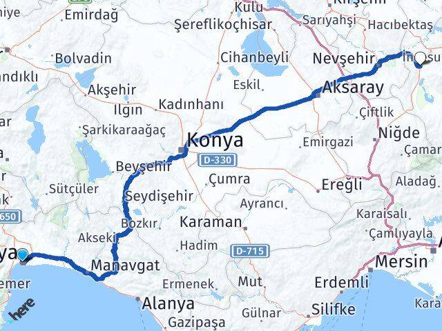 Antalya İncesu Kayseri Arası Kaç Km - Yol Haritası