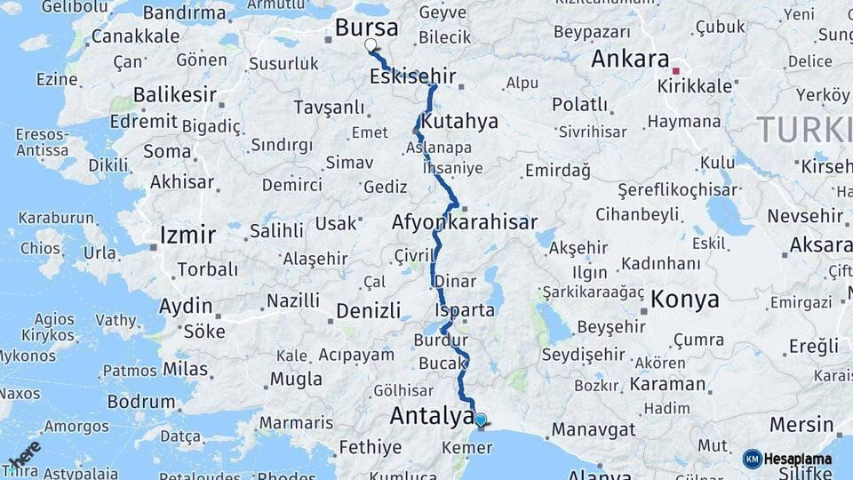 Antalya İnegöl Bursa Arası Kaç Km - Yol Haritası