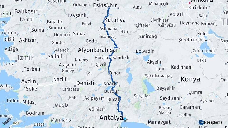 Antalya İnönü Eskişehir Arası Kaç Km - Yol Haritası