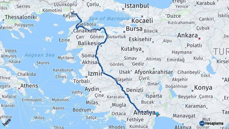 Antalya İpsala Edirne Arası Kaç Km - Yol Haritası