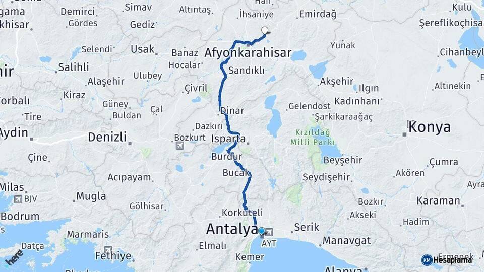 Antalya İscehisar Afyonkarahisar Arası Kaç Km - Yol Haritası