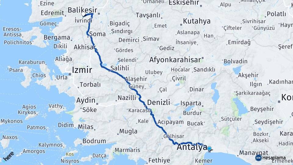 Antalya İvrindi Balıkesir Arası Kaç Km - Yol Haritası