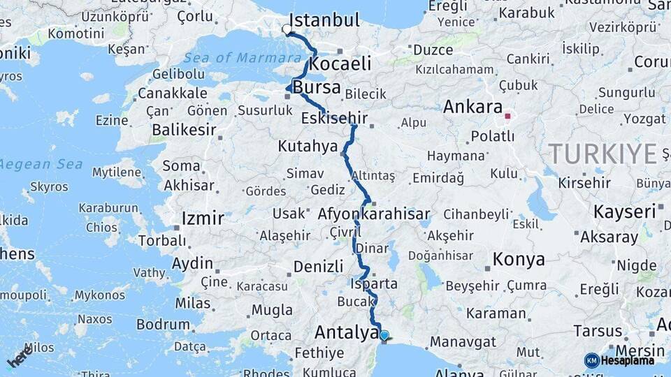 Antalya Kadıköy İstanbul Arası Kaç Km - Yol Haritası