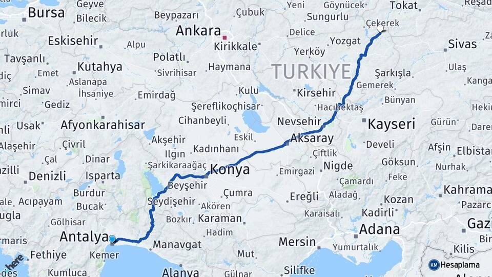 Antalya Kadışehri Yozgat Arası Kaç Km - Yol Haritası