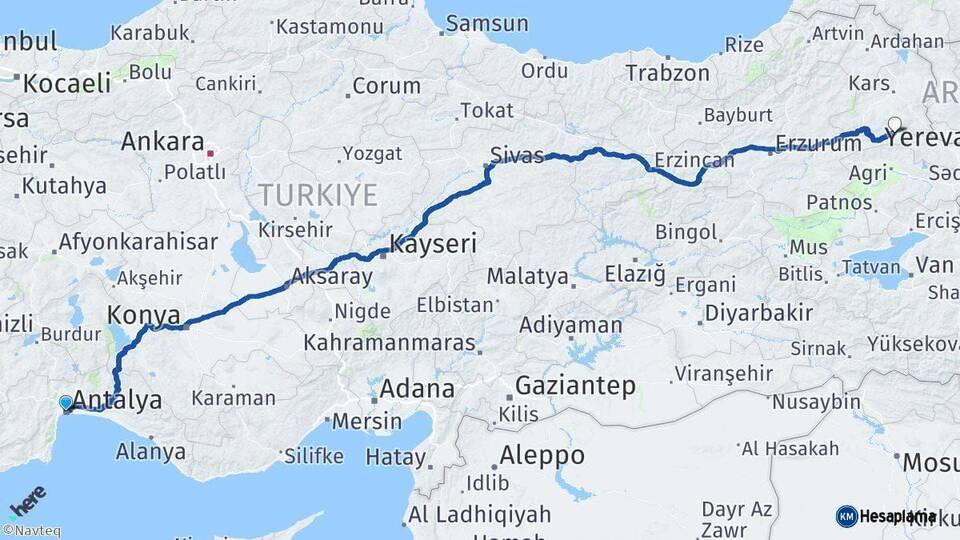Antalya Kağızman Kars Arası Kaç Km - Yol Haritası