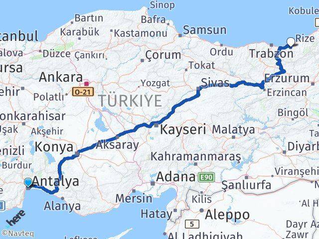 Antalya Kalkandere Rize Arası Kaç Km - Yol Haritası