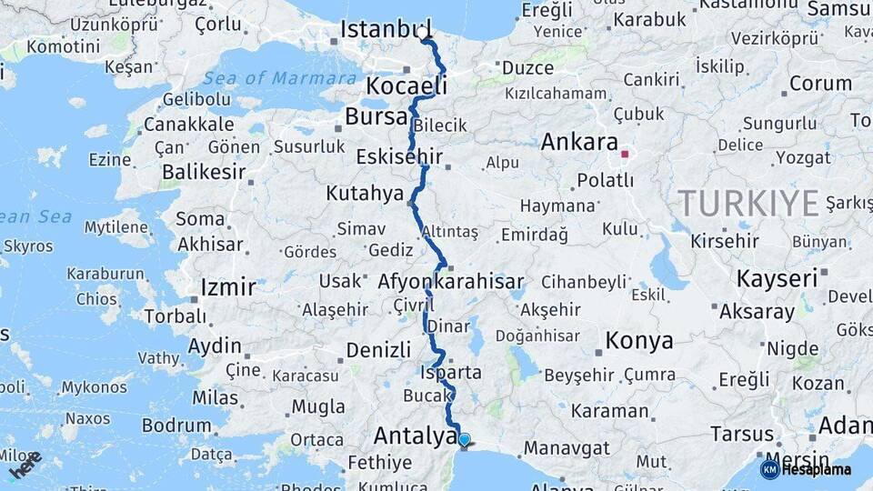 Antalya Kandıra Kocaeli Arası Kaç Km - Yol Haritası