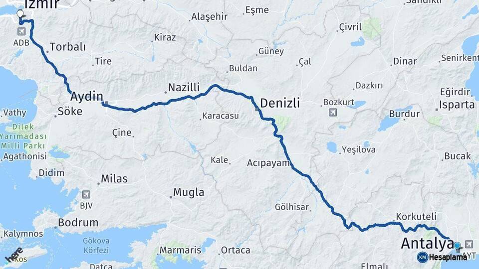 Antalya Karabağlar İzmir Arası Kaç Km - Yol Haritası