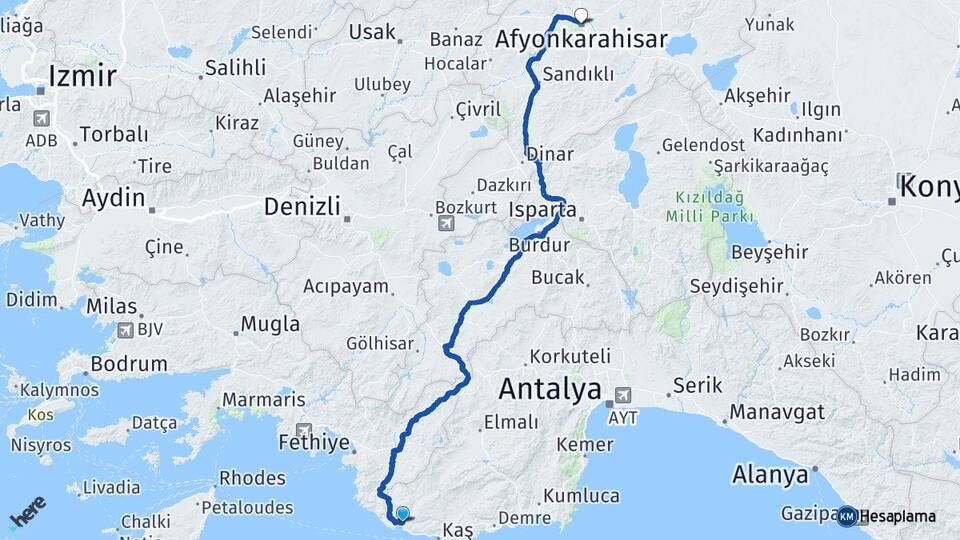 Antalya Kaş Kalkan Afyonkarahisar Arası Kaç Km - Yol Haritası