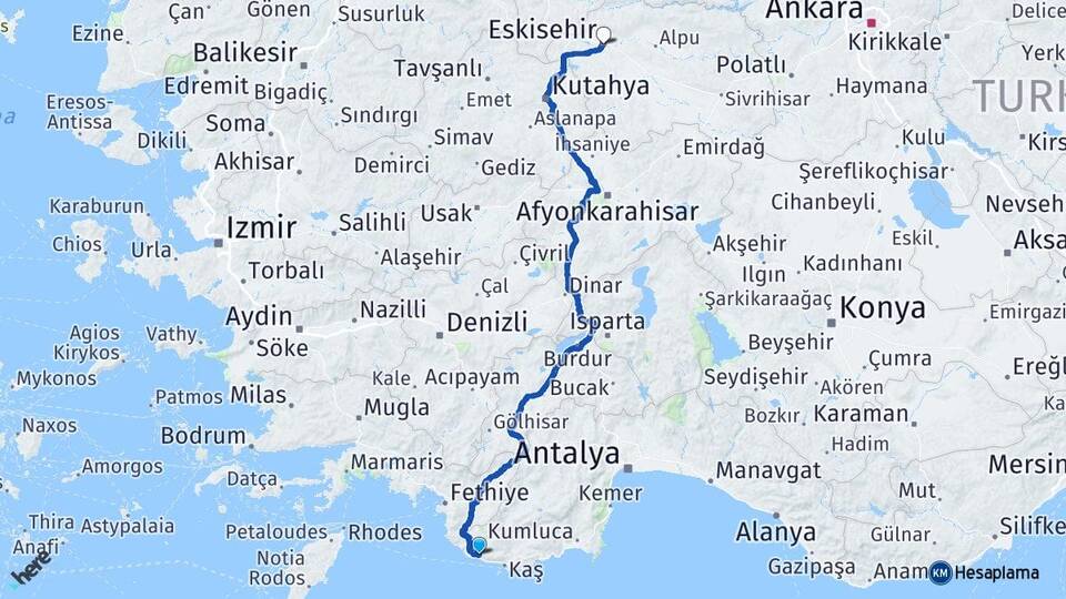 Antalya Kaş Kalkan Eskişehir Arası Kaç Km - Yol Haritası