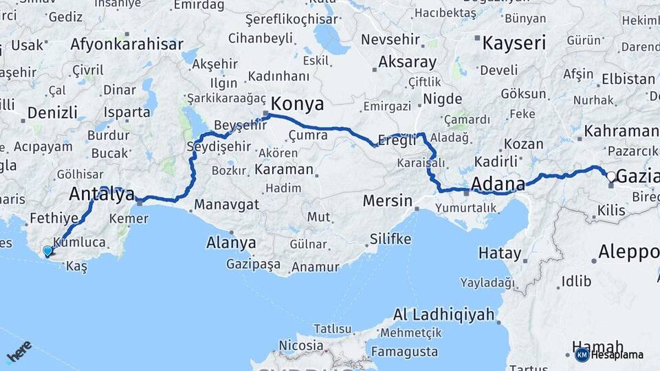 Antalya Kaş Kalkan Gaziantep Arası Kaç Km - Yol Haritası