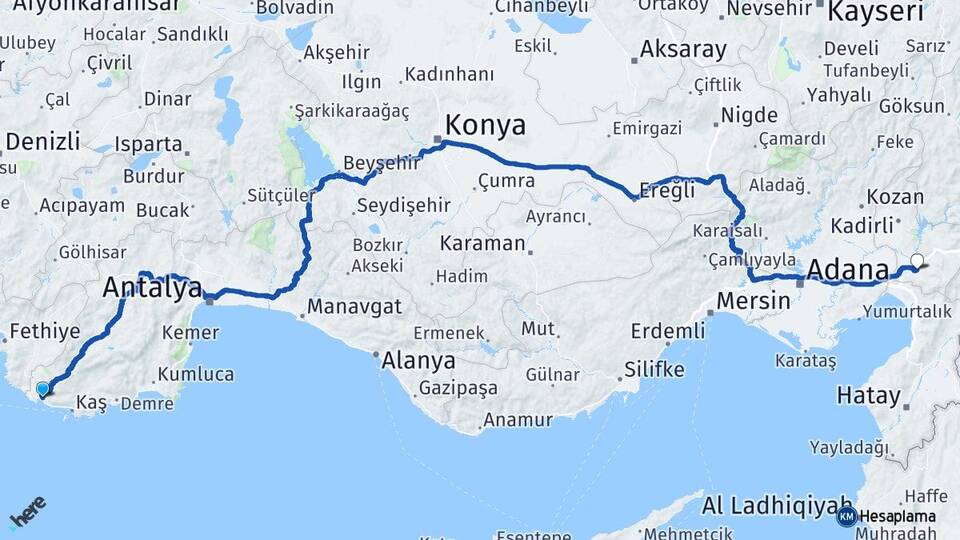 Antalya Kaş Kalkan Osmaniye Arası Kaç Km - Yol Haritası