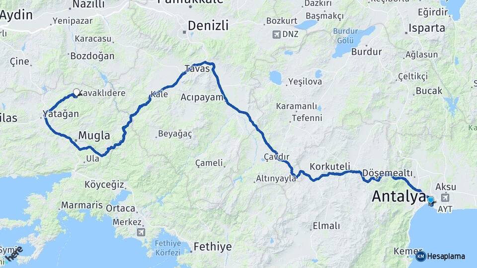 Antalya Kavaklıdere Muğla Arası Kaç Km - Yol Haritası