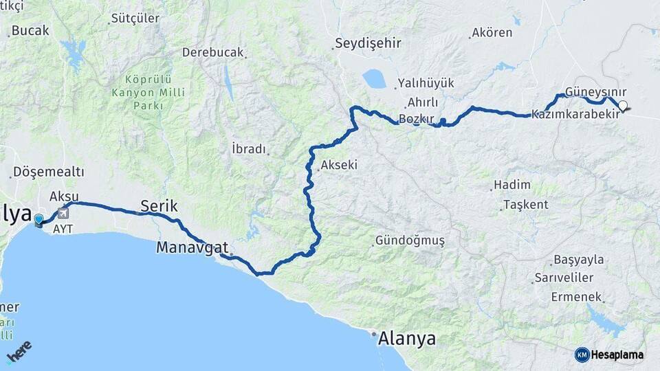 Antalya Kazımkarabekir Karaman Arası Kaç Km - Yol Haritası