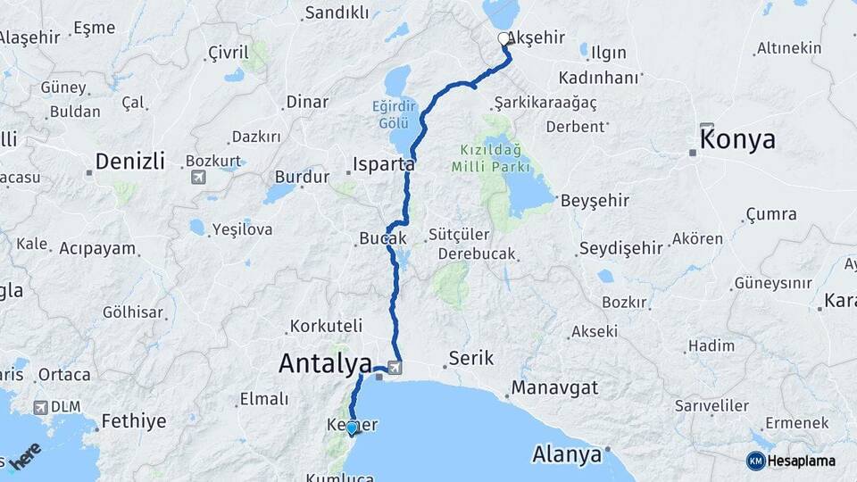Antalya Kemer Akşehir Konya Arası Kaç Km - Yol Haritası
