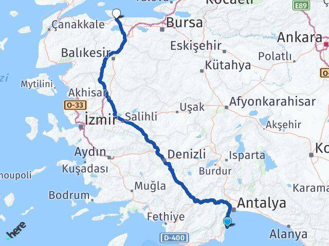 Antalya Kemer Çamyuva Bandırma Balıkesir Arası Kaç Km - Yol Haritası