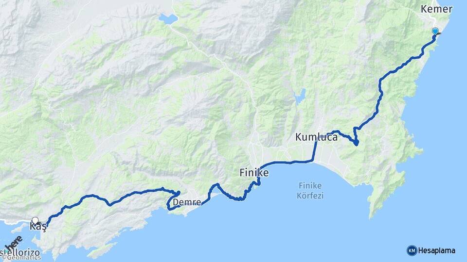 Antalya Kemer Çamyuva Kaş Arası Kaç Km - Yol Haritası