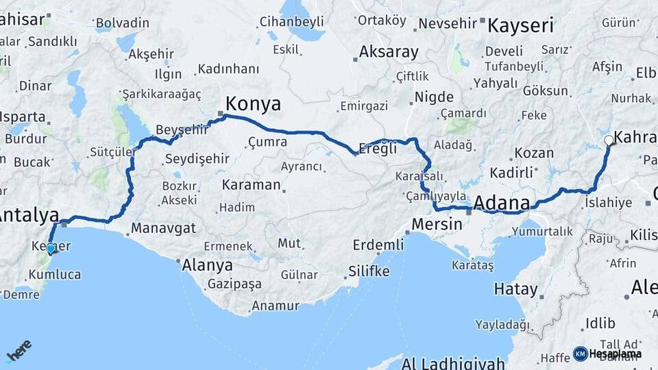 Antalya Kemer Kahramanmaraş Arası Kaç Km - Yol Haritası