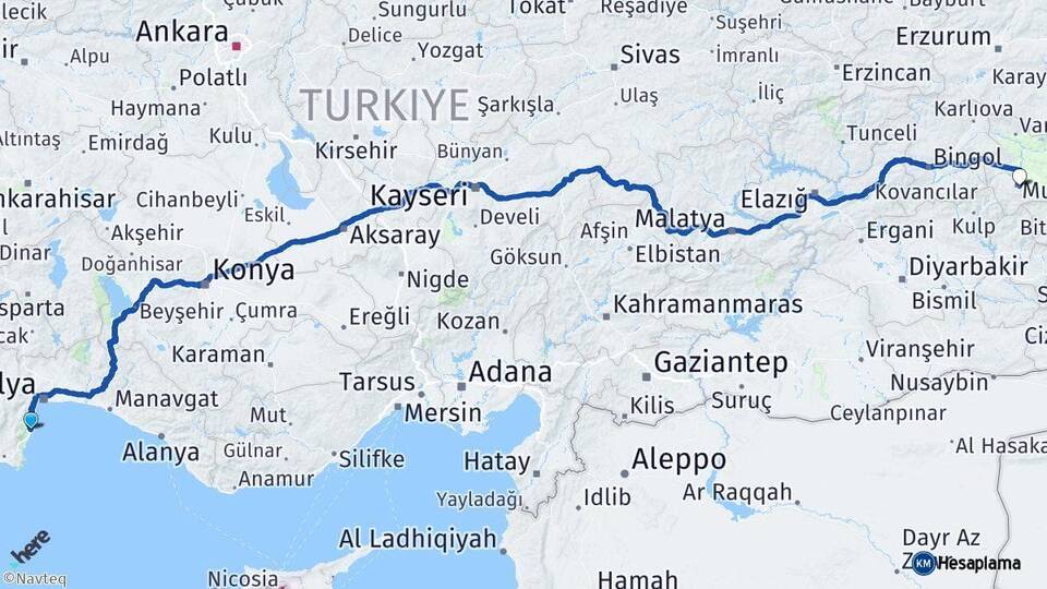 Antalya Kemer Muş Arası Kaç Km - Yol Haritası