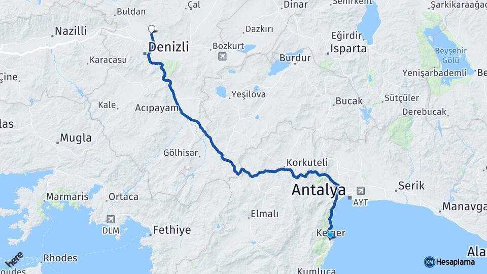 Antalya Kemer Pamukkale Travertenleri Arası Kaç Km - Yol Haritası